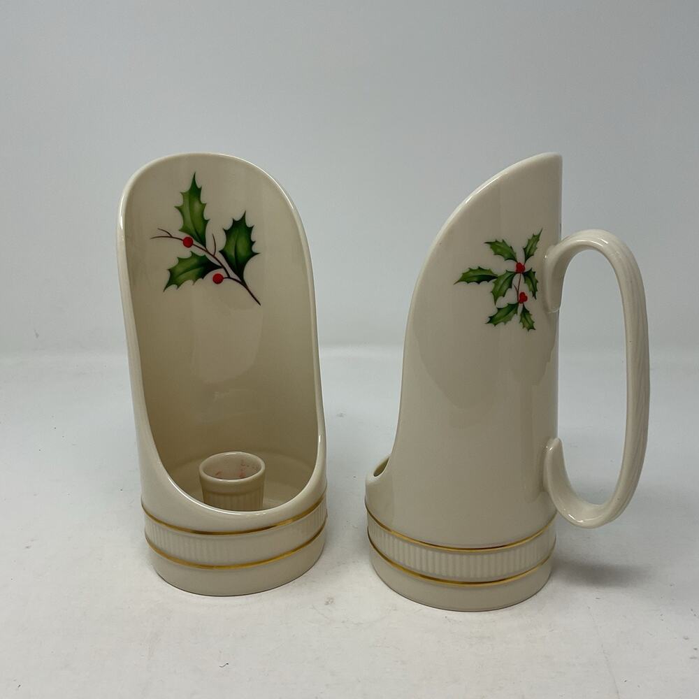 Lenox Holiday Dimension Set Of 2 Handled Candleholder Christmas Holly Berries